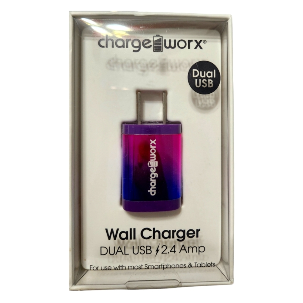 CHARGE WORX WALL CHARGER, DUAL USB 2.4 AMP PINK/PURPLE